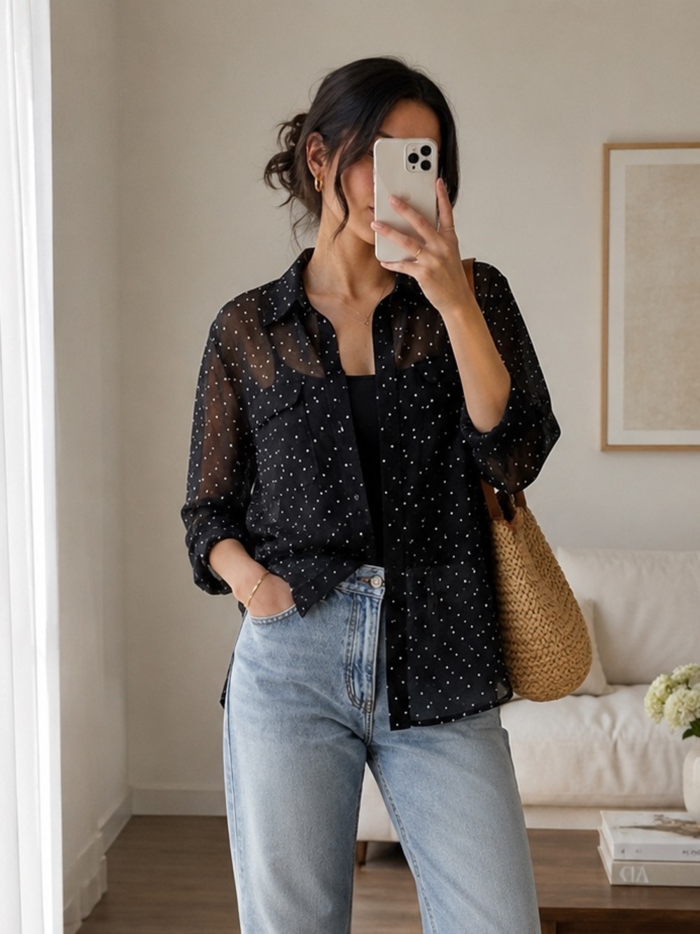 Old Navy Sheer Polka Dot Button Up Blouse Black White Lightweight Size S